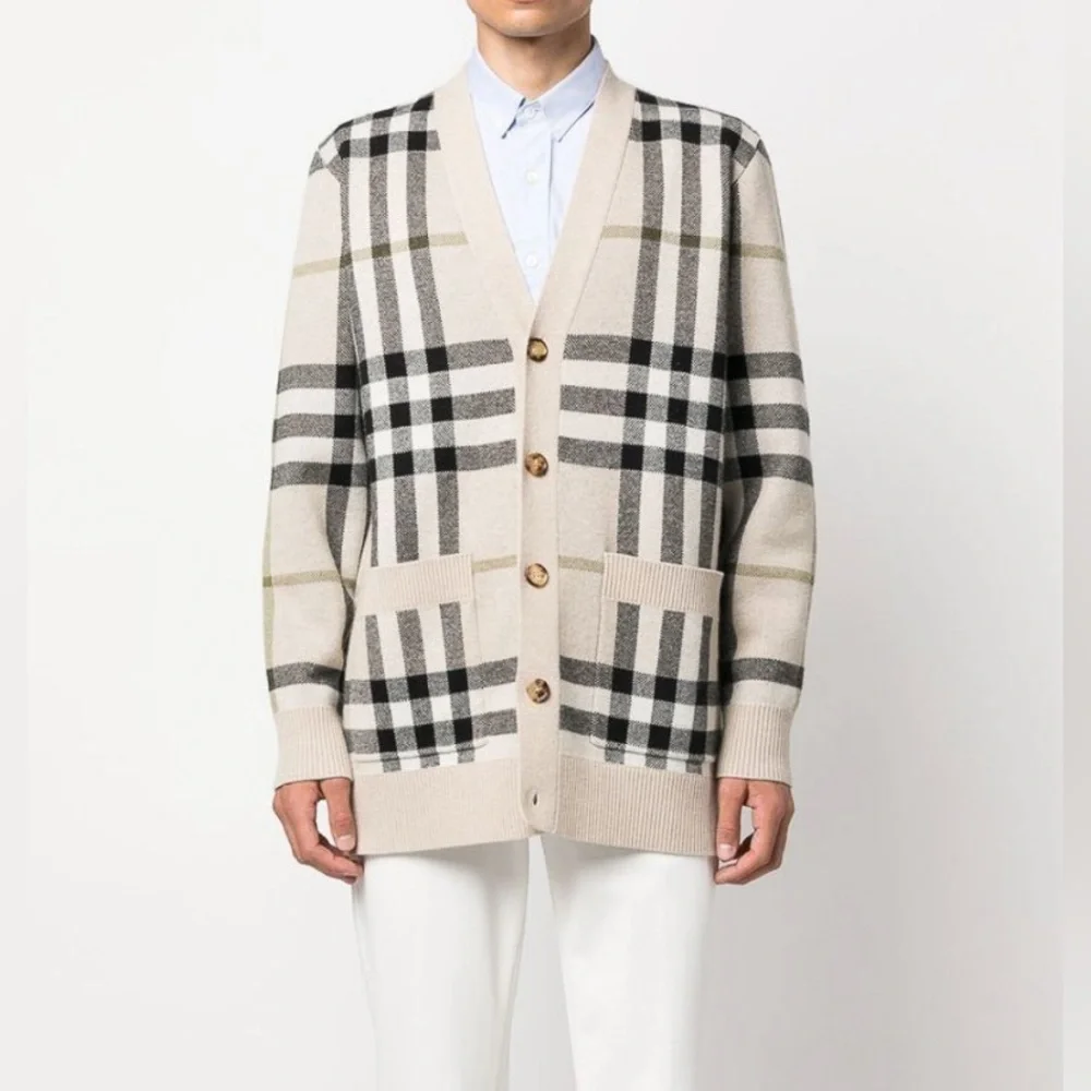 Burberry Signature Check Jacquard Cardigan Wool Cashmere in Beige | size  L - Picture 5 of 12